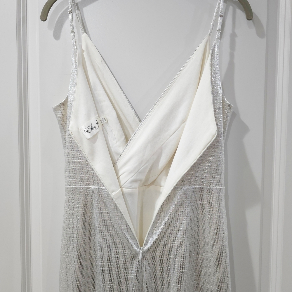 ELIZA J Ivory Shimmer Draped Maxi Dress with Ruffle Slit – Glam Occasion 6P - Picture 7 of 14